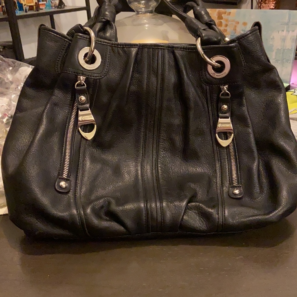 b. makowsky Black Leather Braided-Handle Shoulder Bag with Silver Accents